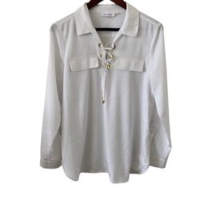 Calvin Klein White Lace-Up Long Sleeve Blouse Women’s Size Small